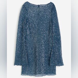 H&M Blue Sheer Sequin Long Sleeve Scoop Neck Mini Party Dress X-Large XL NWT